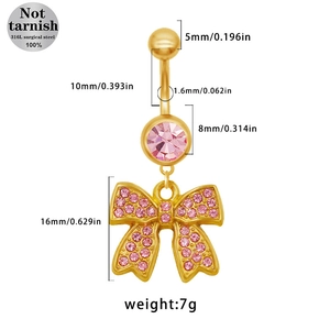Detailed dimensions of 316L steel belly ring with pink crystal bow pendant