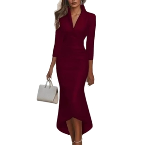 Elegant wine red satin midi dress with a V-neck and asymmetrical fishtail hem