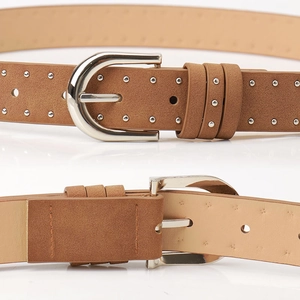 Vintage brown suede leather belt with double rows of silver rivets and metal pin buckle