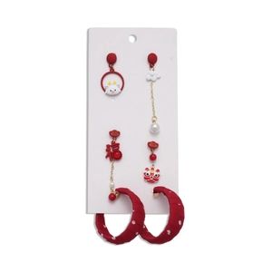 Chinese New Year theme asymmetrical earrings with lion dance and Fu character charms