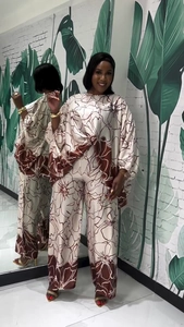 Detail of floral print two-piece set featuring long sleeve top and wide leg pants