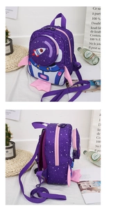 Toddler purple rocket backpack with safety leash and colorful cartoon planet design