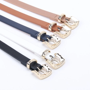 Fashionable thin PU leather belts for women with textured gold buckles in 5 versatile colors