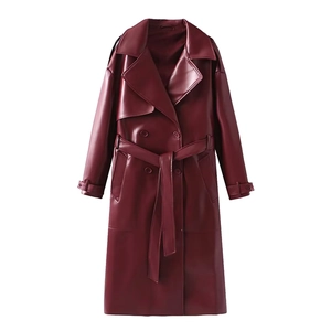 Women's slim fit double-breasted burgundy PU leather trench coat with waist belt
