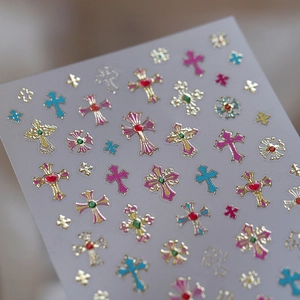 Nail Art Stickers 3D Embossed Baroque Gothic Cross Gold Stamping Self Adhesive Manicure Decals For Women Colorful Jelly