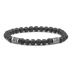 Minimalistisches 6mm Lavastein Perlenarmband mit silbernen Metall-Abstandshaltern in Schwarz