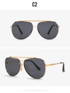 Detailed view of C2 golden frame aviator sunglasses with dark grey lenses and double bridge