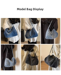 Detailed views of washed denim tote bags in dark blue, light blue, and grey colors