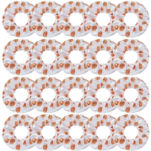 Set of 20 white satin hair scrunchies with orange basketball print in a grid layout