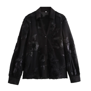 Women Mesh Blouse 3D Floral Embroidery Long Sleeve Elegant Sheer Shirt Fashion V Neck Tops Black Loose Casual Clothes