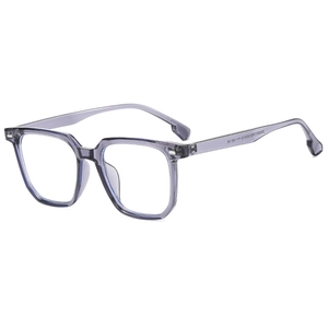 Modern square blue light blocking glasses in transparent grey finish at 45-degree angle