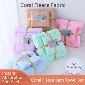 Absorbent coral fleece towel and bath towel gift set in vibrant pastel colors