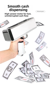 Detail of silver mirror electric money gun spraying dynamic bills smoothly in mid-air