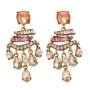 Vintage gold earrings with orange square gems and cascading water drop crystal tassels