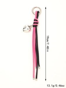 Pink and black braided leather keychain with heart charm and size details on white background