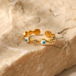 18K gold plated evil eye open ring featuring turquoise enamel and sparkling crystals
