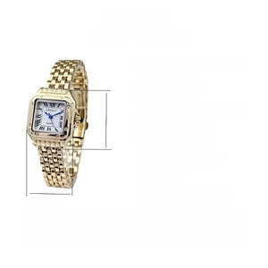 Detail view of gold rectangular women's quartz watch with size and material specifications