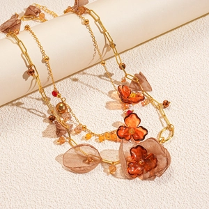 Retro multi-layer necklace with amber acrylic beads and chiffon floral petal accents