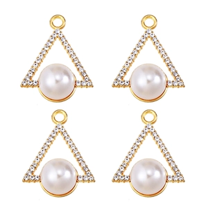 Detail of four golden triangle alloy pendants with inlaid pearls and zircon stones
