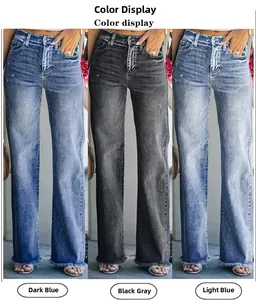 Detailed color display of high waist distressed jeans in dark blue, black grey and light blue