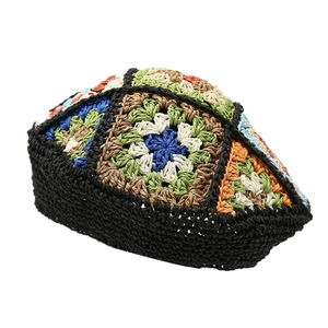 Handmade crochet floral beret hat featuring a colorful grandmother square knit pattern