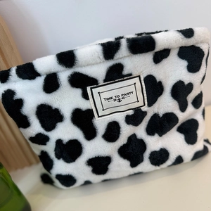 Cow Print Plush Makeup Bag Soft Zipper Cosmetic Pouch Travel Storage Organizer Portable Handbag