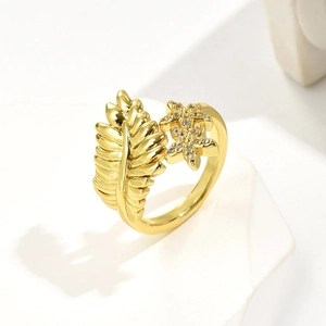 18K gold plated leaf and star open ring with sparkling zircon stones for women