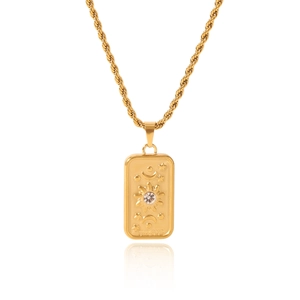 Golden tarot card pendant necklace with sun moon patterns and twisted rope chain