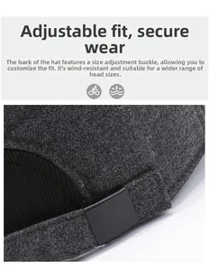 Close-up of the adjustable rear buckle on this men's thick grey wool baseball cap