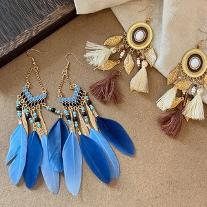 Bohemian Feather Tassel Dangle Earrings Ethnic Vintage Alloy Beads With 925 Sterling Silver Earring Post Women Jewelry