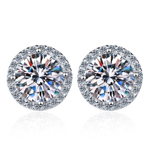 Elegant 925 sterling silver halo stud earrings with round cut sparkling moissanite stones