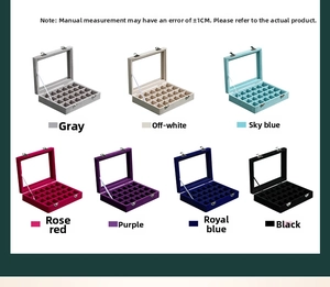 Detail view of 24-grid velvet jewelry boxes in seven colors with glass lids and metal locks