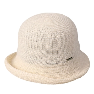 Breathable cream knitted linen sun hat with a rolled edge and metal decorative accent