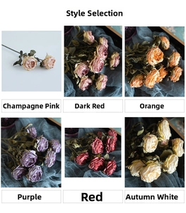 Detailed close-up showing 6 vintage burnt-edge silk rose color variants for table decor