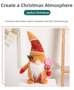 Detail of Christmas gnome plush with red hat, gingerbread patterns and lollipop accessory