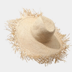 Women Wide Brim Straw Hat Frayed Edge Raffia Style Breathable Sun Protection Summer Beach Vacation Bohemian Accessories