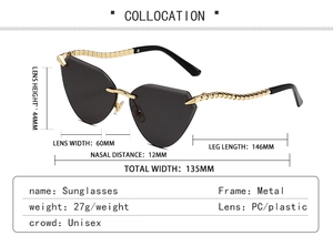 Detailed size chart for frameless cat-eye sunglasses with gold wavy metal temples