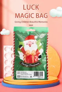 Close-up of a festive green Christmas blind bag featuring Santa Claus and holiday greetings