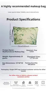 Detailed view of linen makeup bag with plant leaf patterns and size specifications