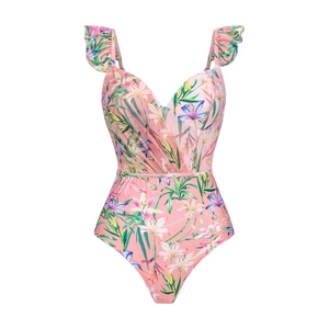 Pink one-piece swimsuit with floral lily print, ruffle sleeves and V-neck design