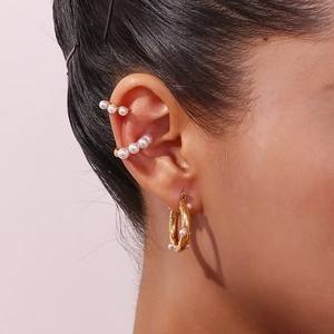 French vintage 18K gold plated pearl ear cuff and hoop earrings set on model