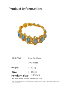 Detailed size specifications for a vintage gold-toned necklace with blue resin stones