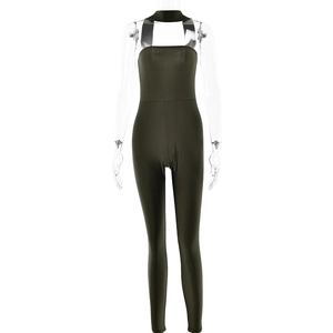 Deep olive green sleeveless halter bodysuit for women with a sexy slim fit design