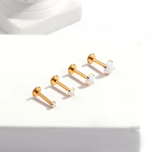 G23 titanium labret studs set with white opal inlay for cartilage and lip piercing