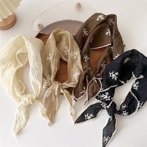 Lace cotton linen triangle headscarf with embroidery in four versatile colors