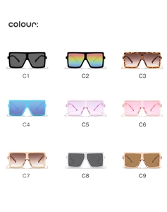 Collection of children's square oversized sunglasses shown in nine vibrant frame colors