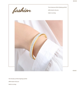 Close-up of a gold-plated full crystal bangle with white zircon pave setting on a model