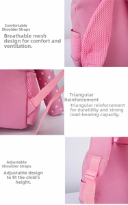 Detail of pink kids backpack with mesh straps, reinforced stitching and star print