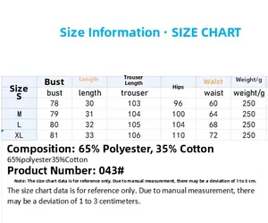 Size chart for women's sleepwear set showing bust, waist, and length in S to XL sizes