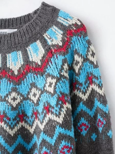 Detail of grey Fair Isle knit sweater showing the ribbed neckline and geometric patterns